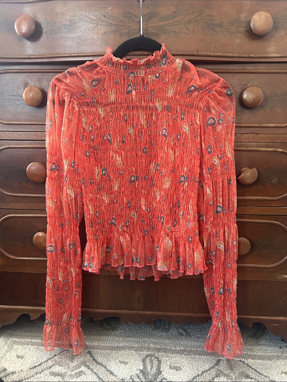 Women’s Smocked Ruffle Neck Blouse - Coral Floral